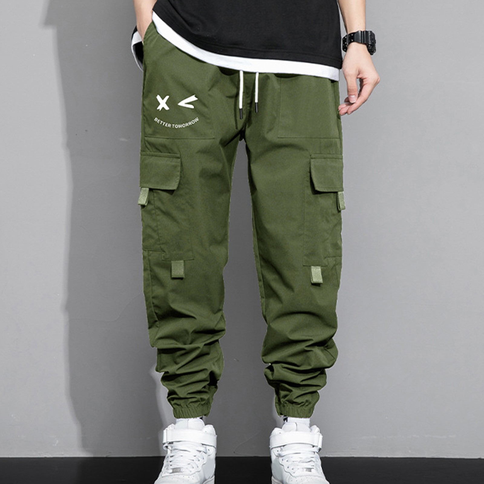 BSDJILFG Casual Pants for Men Trendy Loose Casual Joggers Elastic Waist Drawstring Multi-pockets Cargo Pants,Sizes M-4XL